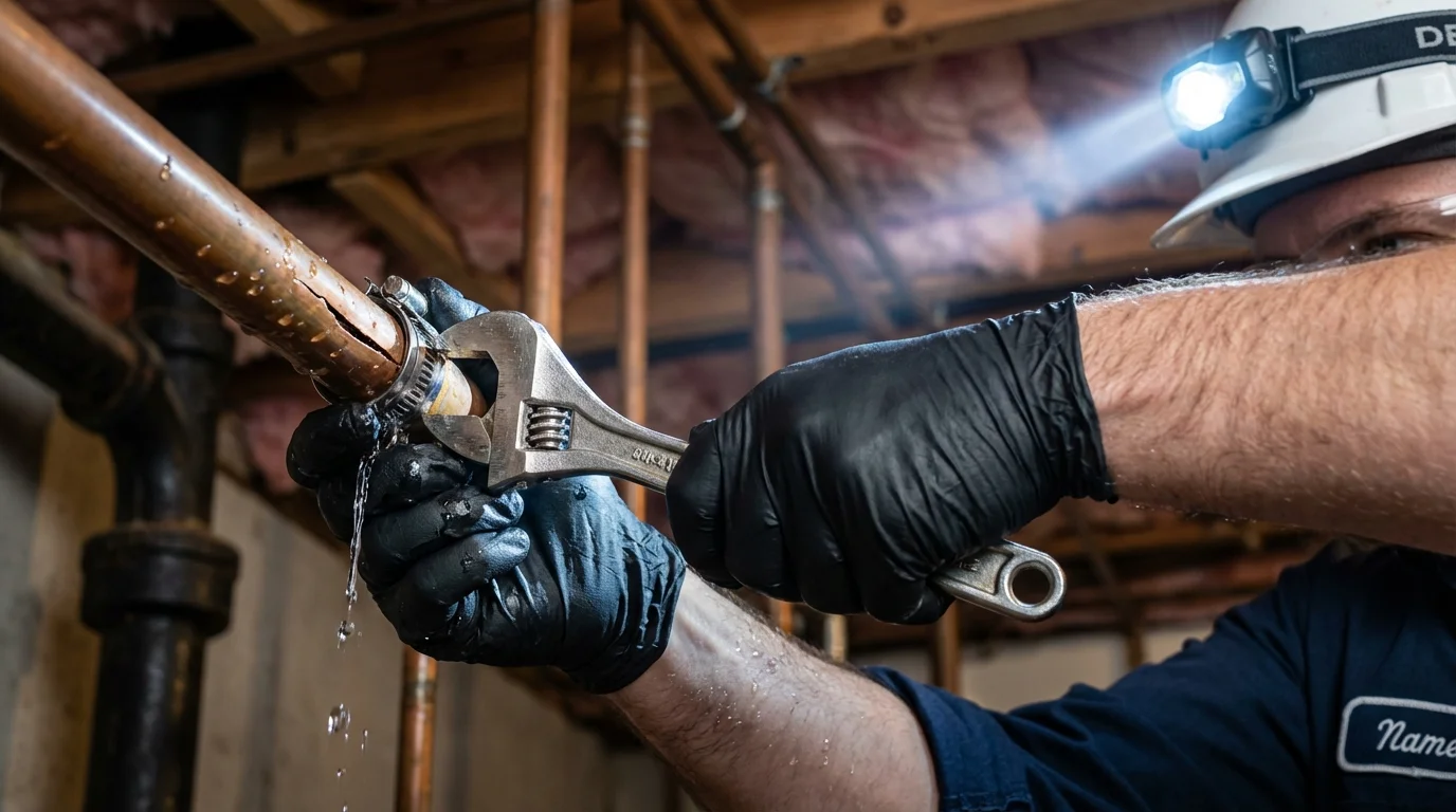 Emergency pipe clamp repair being performed by a Johns Plumbing LLC plumber in Mentor